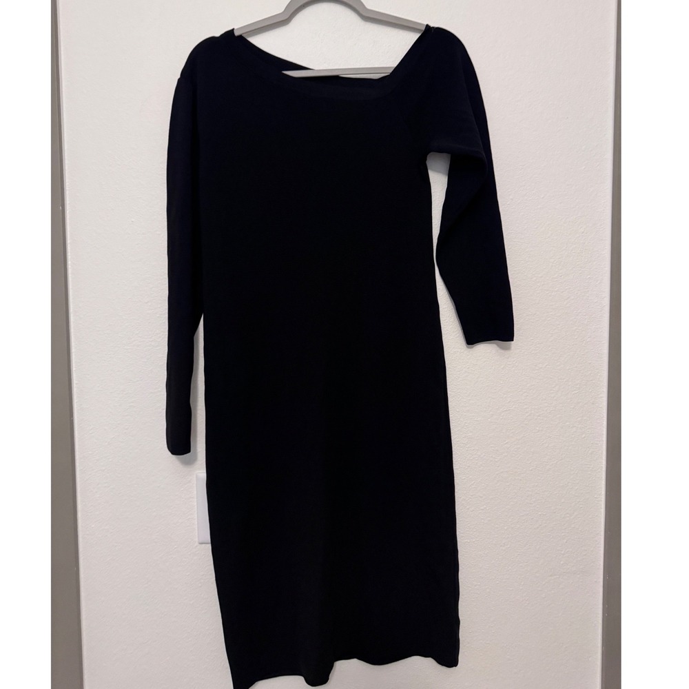 The Drop Black Asymmetrical Neck‎ Long Sleeve Knit Midi Sweater Dress Large t3